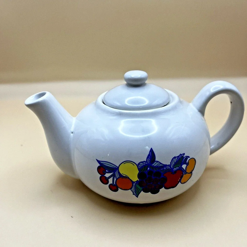 Vintage Cottagecore Boho Betallic Fruit‎ Design Small White Tea Pot